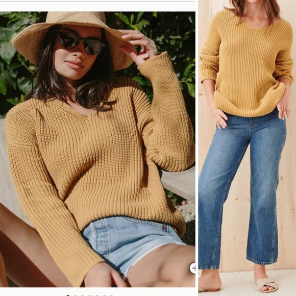 JENNI KAYNE SWEATER FISHERMAN ORGANIC COTTON MUSTARD MARIGOLD KNIT LONGLINE - Picture 1 of 13